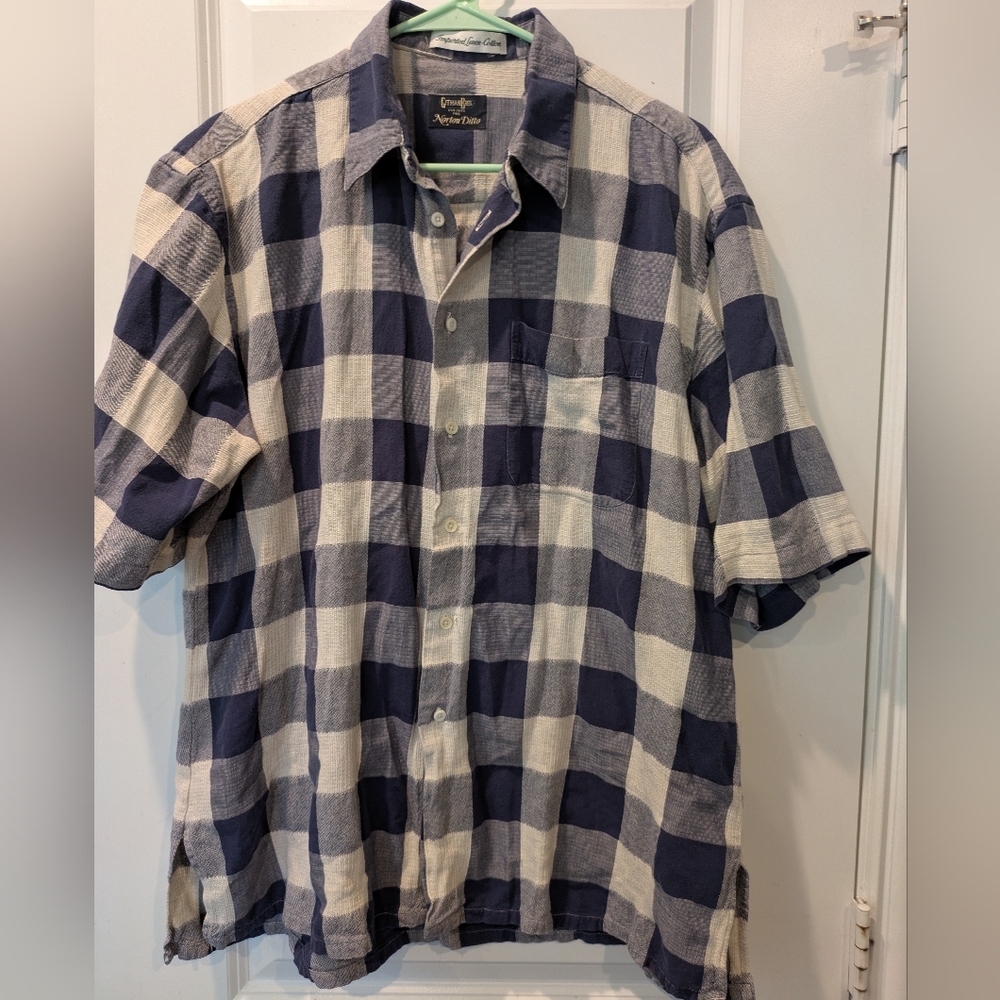Gitman Brothers Linen Cotton Plaid Short Sleeve Button Down Shirt Large